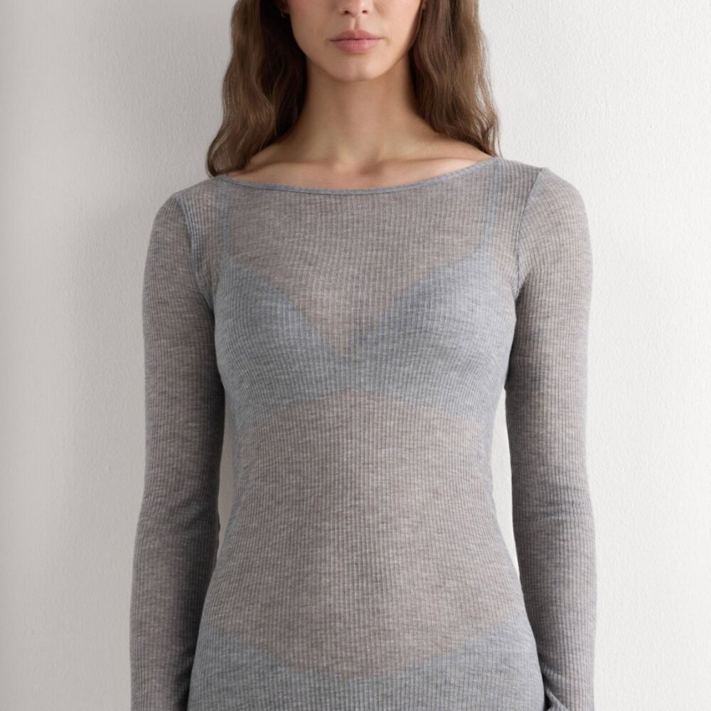 Intimissimi Boatneck Sheer Long Sleeve Top Size Small Grey w/ Cashmere